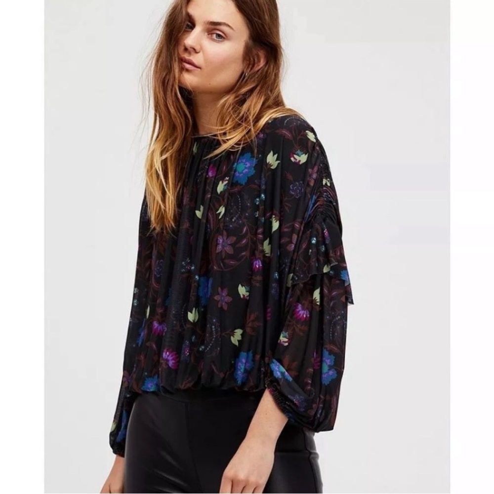 Free People Wildflower Honey Mesh Top in Black Floral